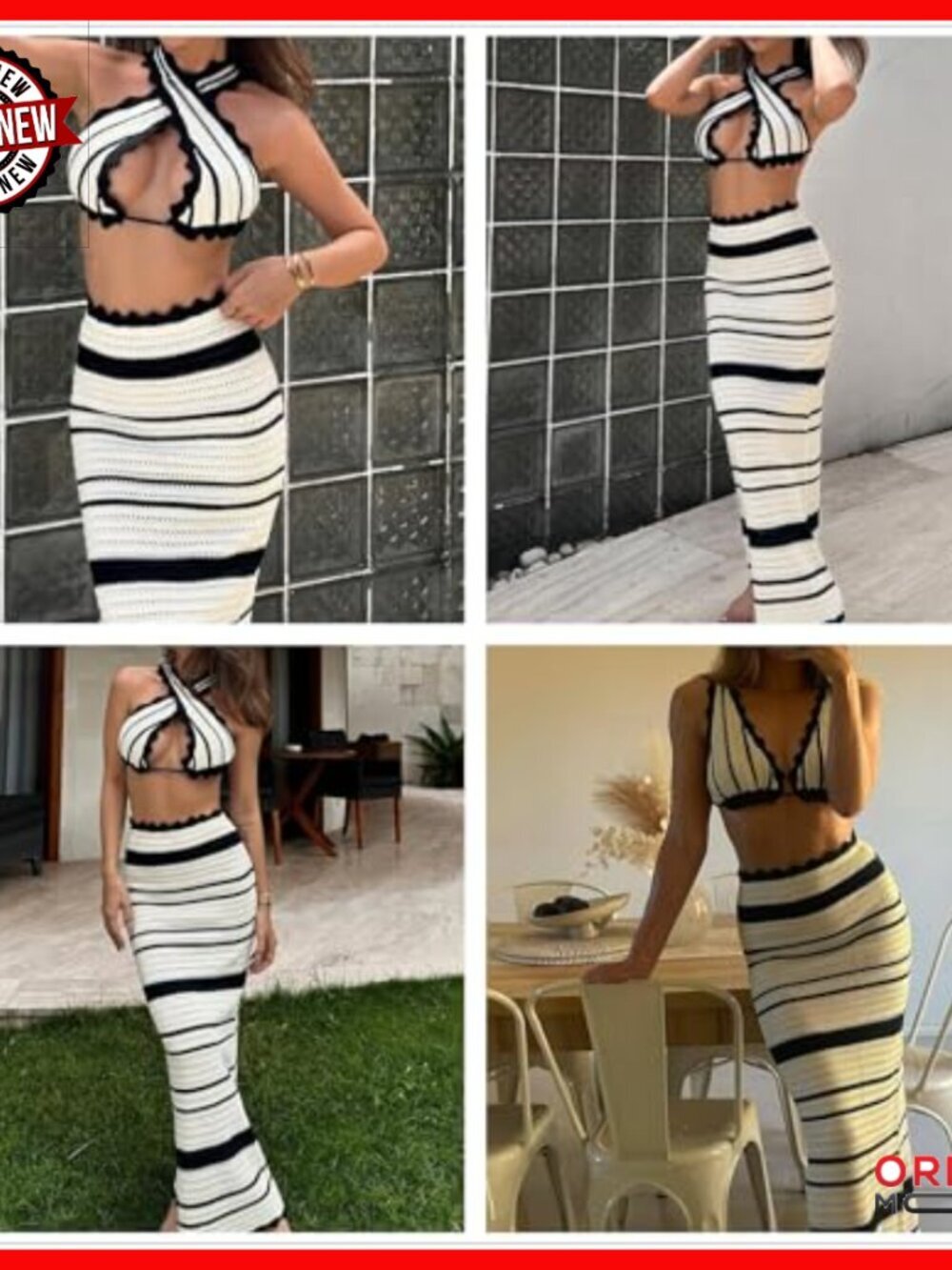 Striped Two Piece Set Deep V Neck Sleeveless Crop Top Midi Skirt - Picture 3 of 7